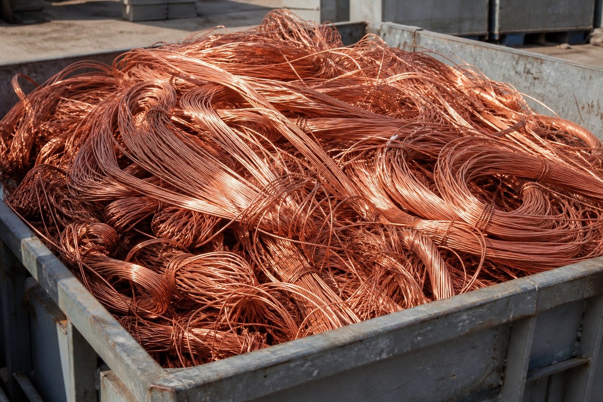 Bin of bare bright copper wire