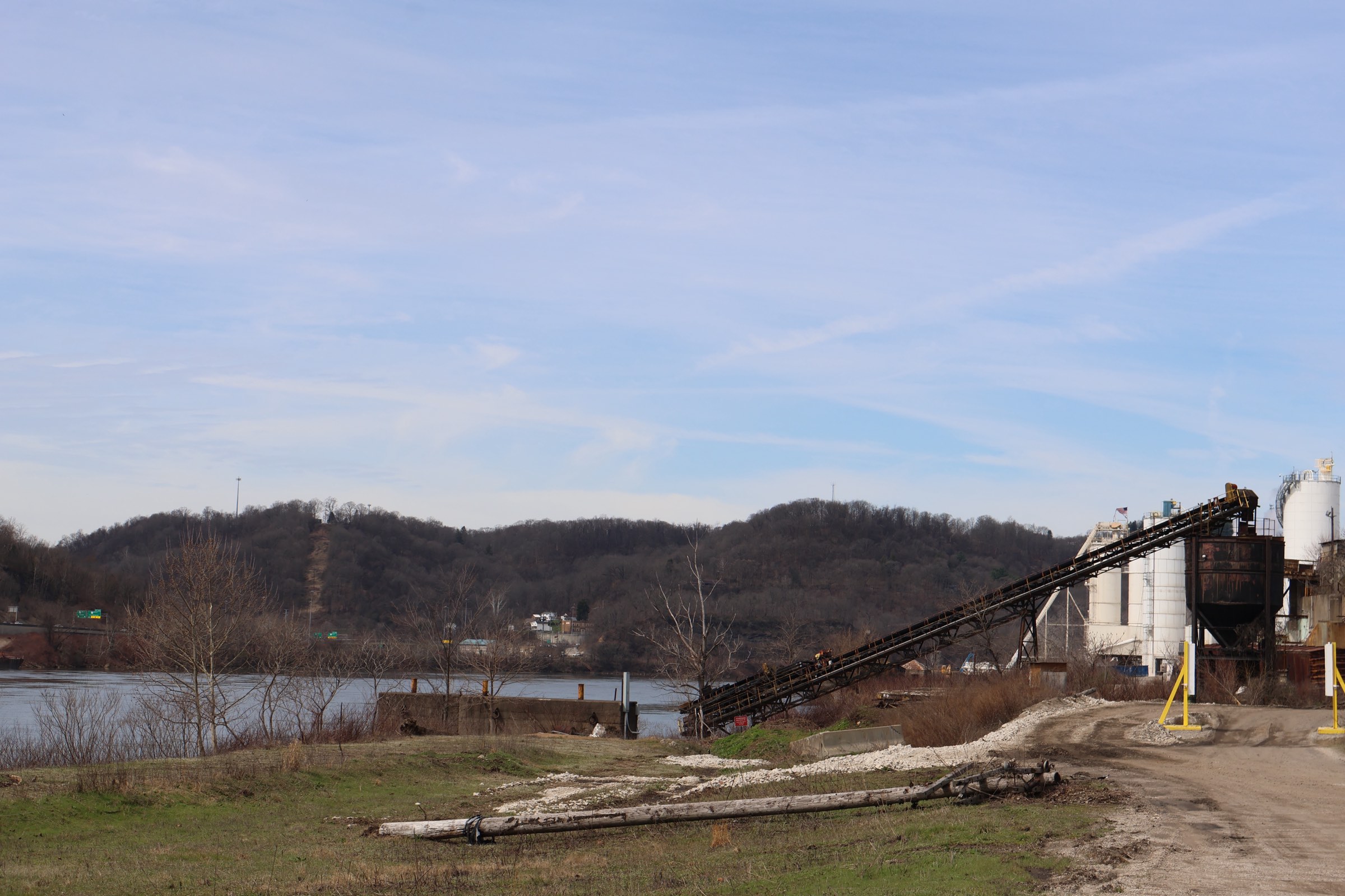 Ohio River waterfront beside the Weirton yard with its barge-loading conveyor